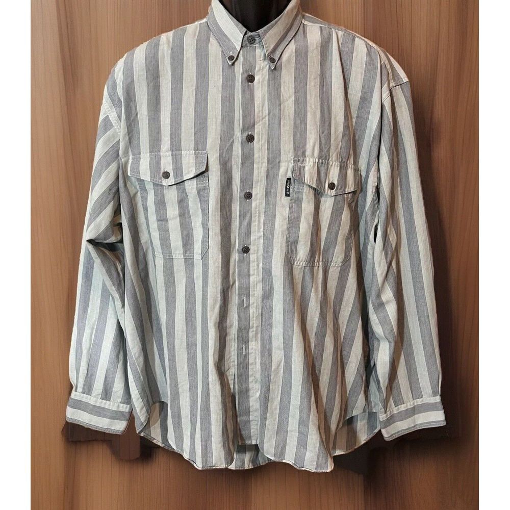 Vintage Levi Silver Label Striped Button Down Shirt Men XL Blue Grey Long Sleeve